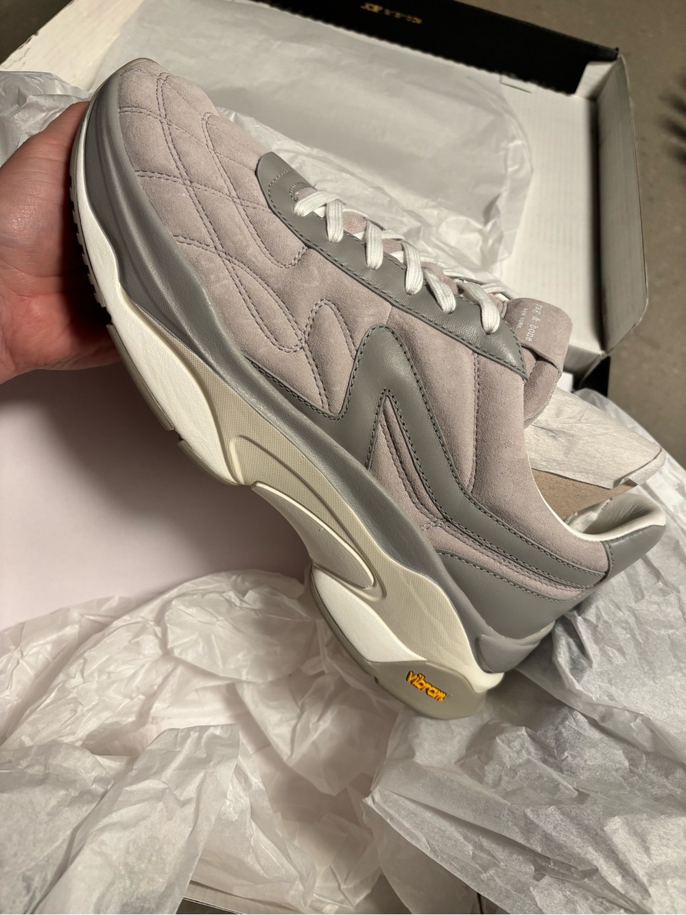 NWT rag & bone Quilted Suede Platform Sneaker in Light Gray and Off-White